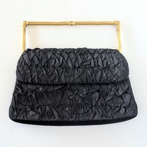 Vintage Koret Ruched Black Silk Handbag with Gold Sculptural Handle